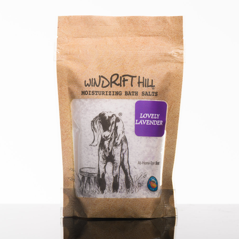 A 5 ounce bottle of Windrift Hill's Montana made moisturizing bath salts in scent Lovely lavender. For an at home spa experience.