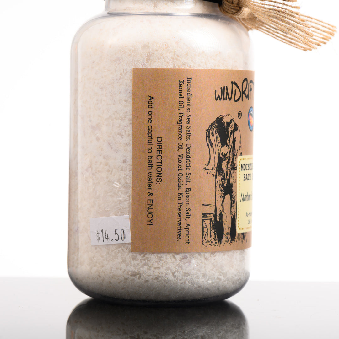 A 16.9 ounce bottle of Windrift Hill's Montana made moisturizing bath salts in scent Montana Huckleberry. For an at home spa experience. Ingredients:
Sea Salts, Dendritic Salt, Epsom Salt, Apricot Kernel Oil, Fragrance Oil, Violet Oxide