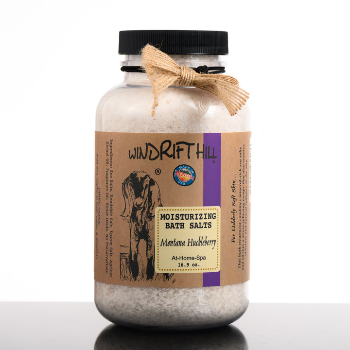 A 16.9 ounce bottle of Windrift Hill's Montana made moisturizing bath salts in scent Montana Huckleberry. For an at home spa experience.