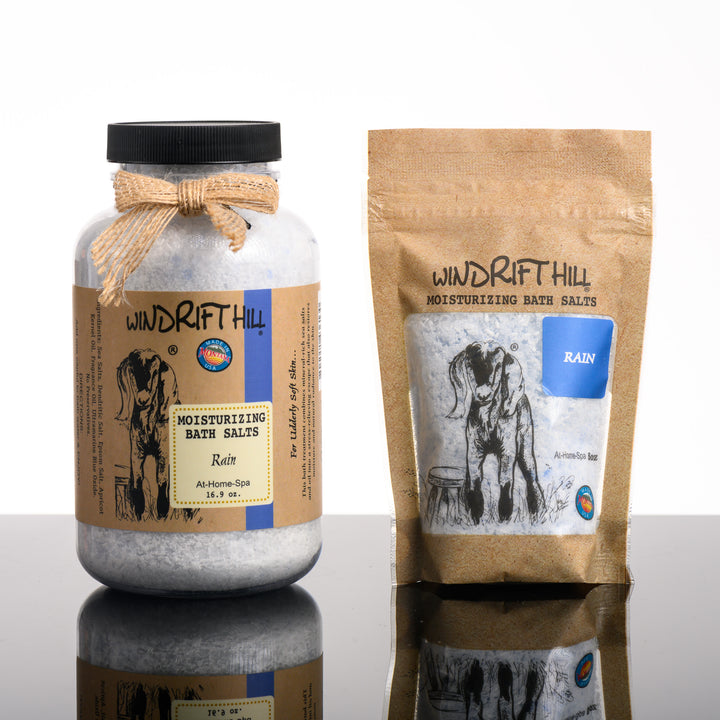 A 16.9 ounce and a 5 ounce package of Windrift Hill's Montana made moisturizing bath salts in scent rain. For an at-home-spa experience.