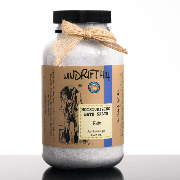 A 16.9 ounce package of Windrift Hill's Montana made moisturizing bath salts in scent rain. For an at-home-spa experience.