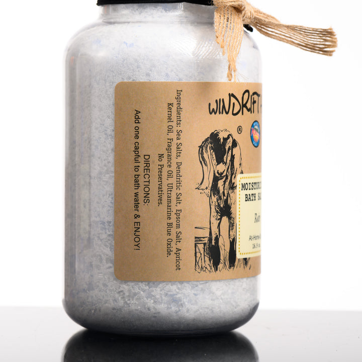 A 16.9 ounce and a 5 ounce package of Windrift Hill's Montana made moisturizing bath salts in scent rain. For an at-home-spa experience. Ingredients:&nbsp;Sea Salts, Dendritic Salt, Epsom Salt, Apricot Kernel Oil, Fragrance Oil, Ultramarine Blue Oxide. No Preservatives.