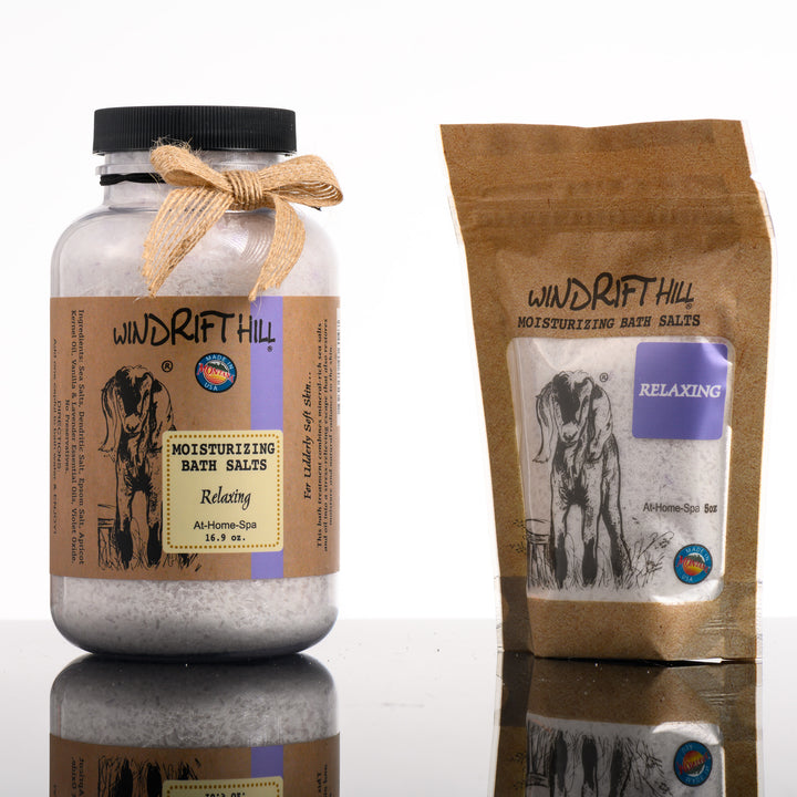 A 16.9 and a 5 ounce package of Windrift Hill's Montana made relaxing scented luxury bath salts. For an at-home-spa experience.