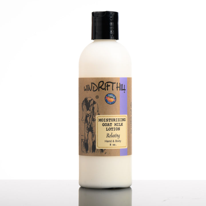 An 8 ounce bottle of Windrift Hill's Montana made moisturizing goat milk lotion in scent relaxing.