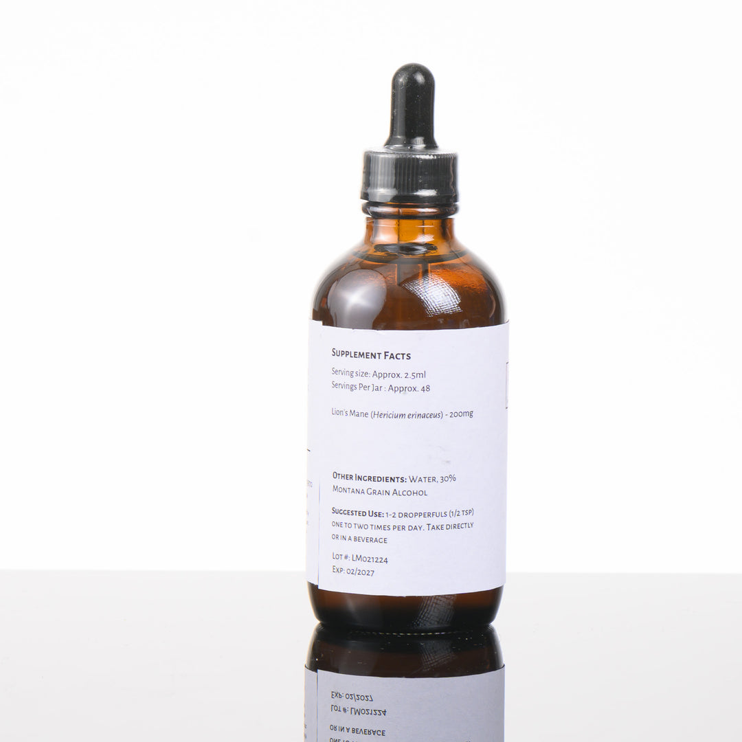 Swift Current Farms' Lion's Mane Tincture, the back of a 4oz bottle.