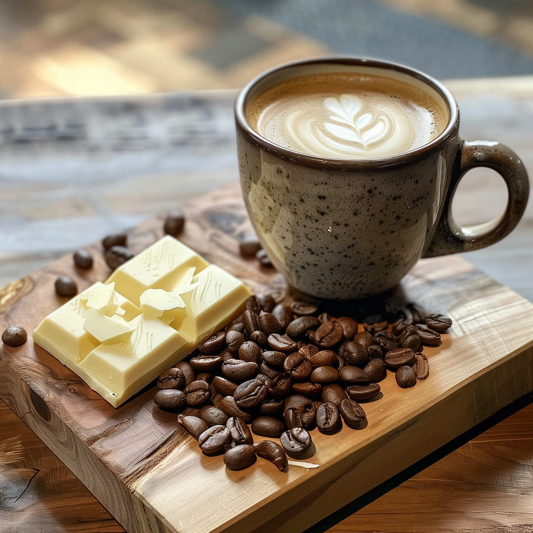 A ceramic cup of coffee on a wood cutting board with a pile of coffee beans and white chocolate next to it.