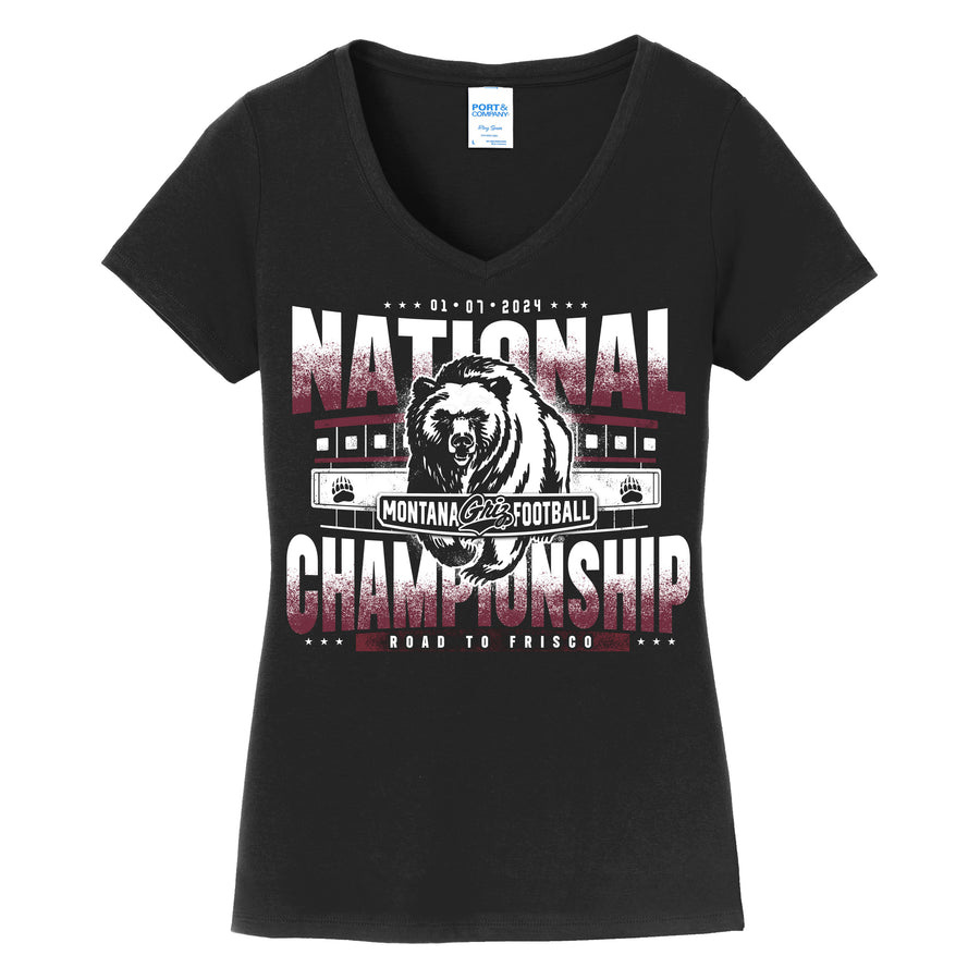 Black Ladies'  V-neck UM Grizzlies National Championship Shirt, by Blue Peak Creative