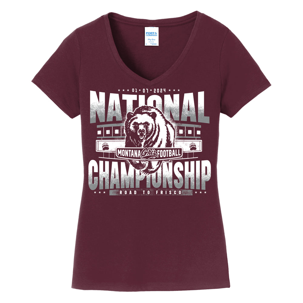 Maroon Ladies'  V-neck UM Grizzlies National Championship Shirt, by Blue Peak Creative