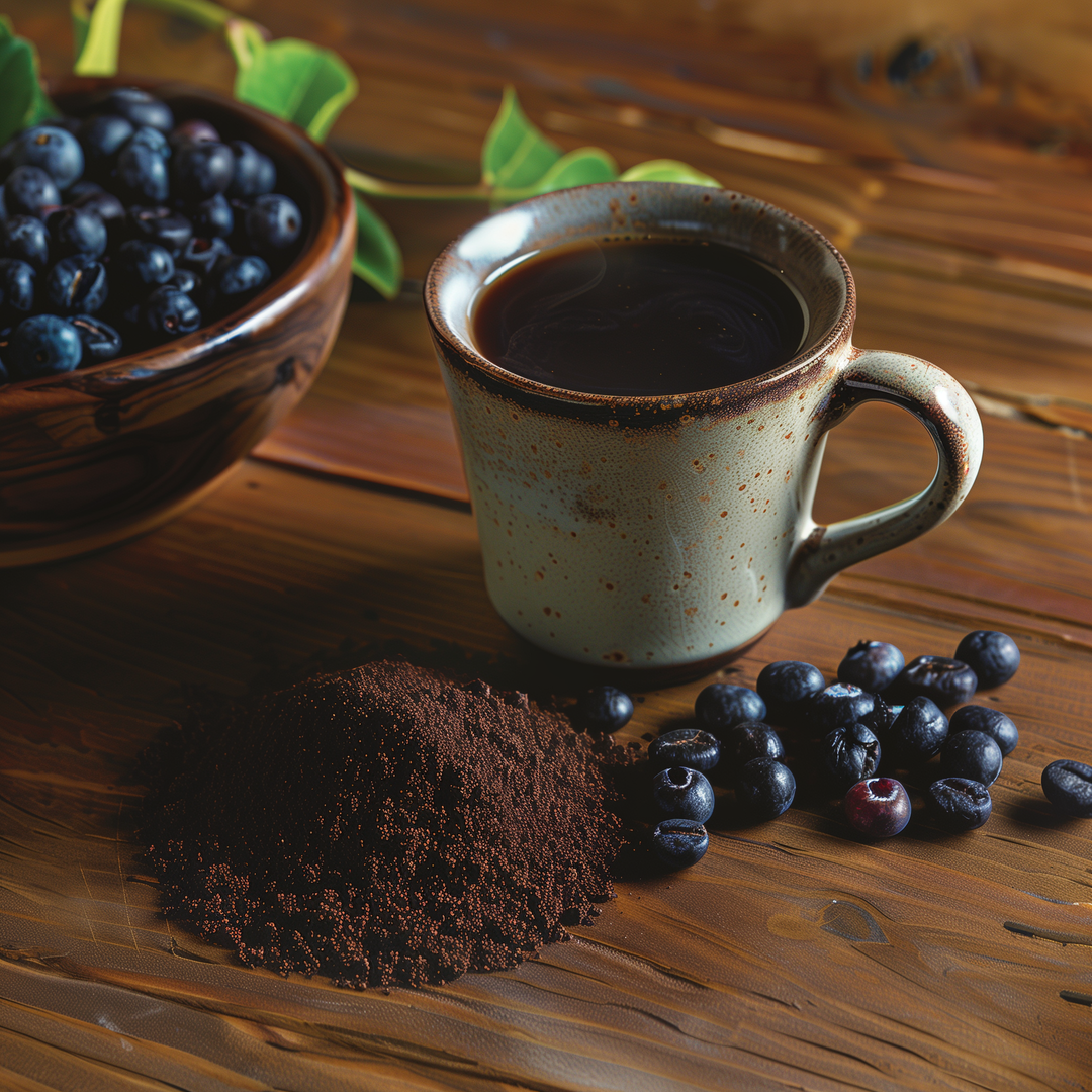 A wood table with a cup of coffee, a bowl of huckleberries and a pile of ground Montana made huckleberry coffee.