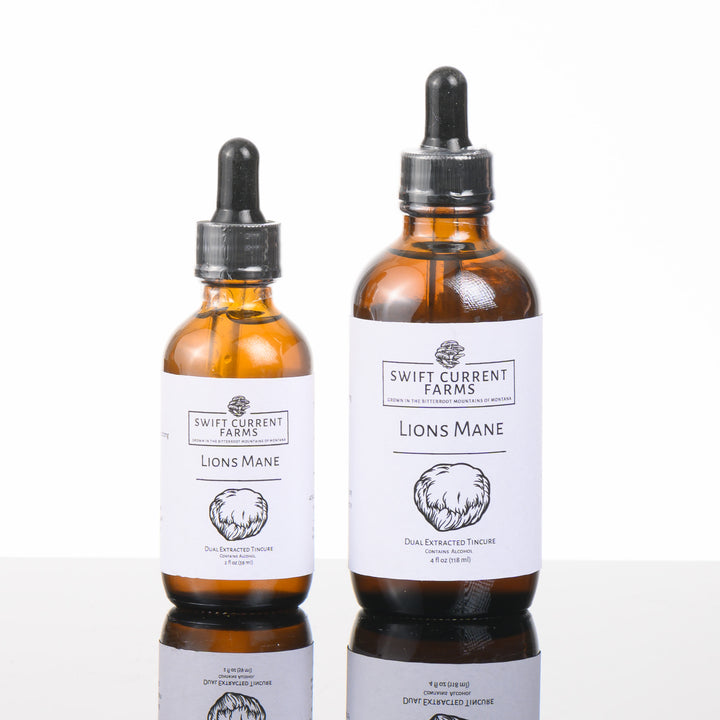 two bottles of Swift Current Farms' Lion's Mane Tincture. 2oz and 4oz