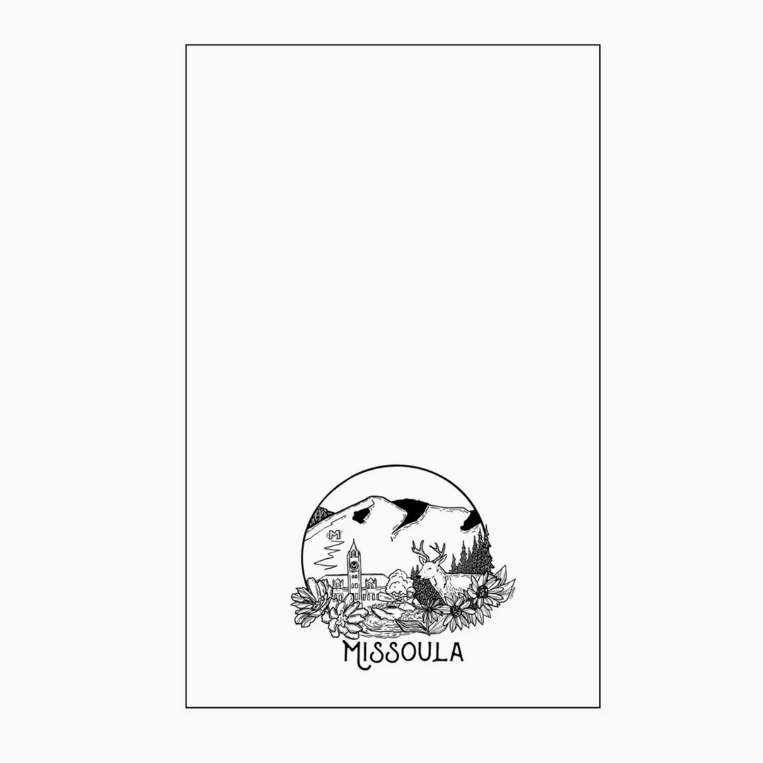 This made in Montana printed tea towel features a black and white drawing of Mount Sentinel, the M, the clock tower, bitterroots and a deer in Missoula Valley.