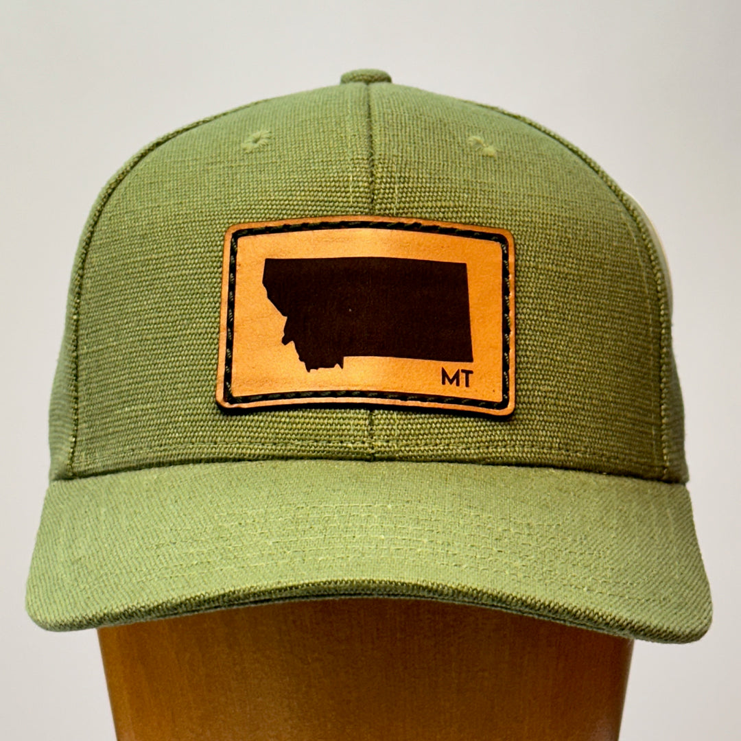 made in montana leather patch hand sewn into hemp fabric hat