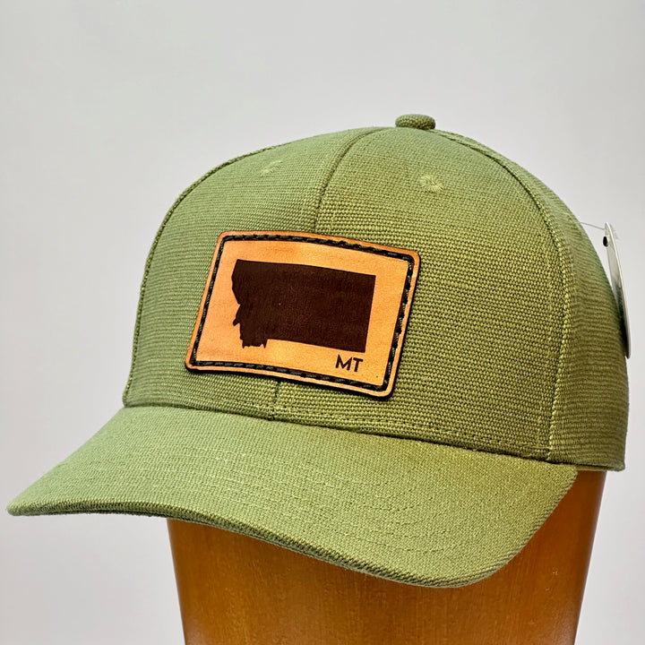 made in montana leather patch hand sewn into hemp fabric hat