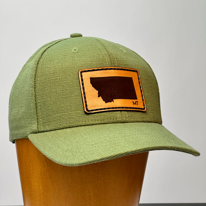 made in montana leather patch hand sewn into hemp fabric hat