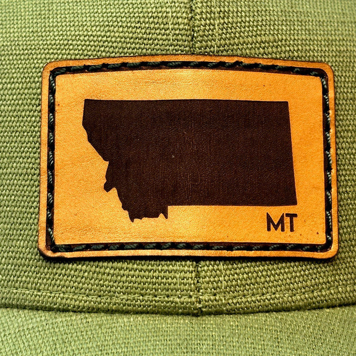 made in montana leather patch hand sewn into hemp fabric hat