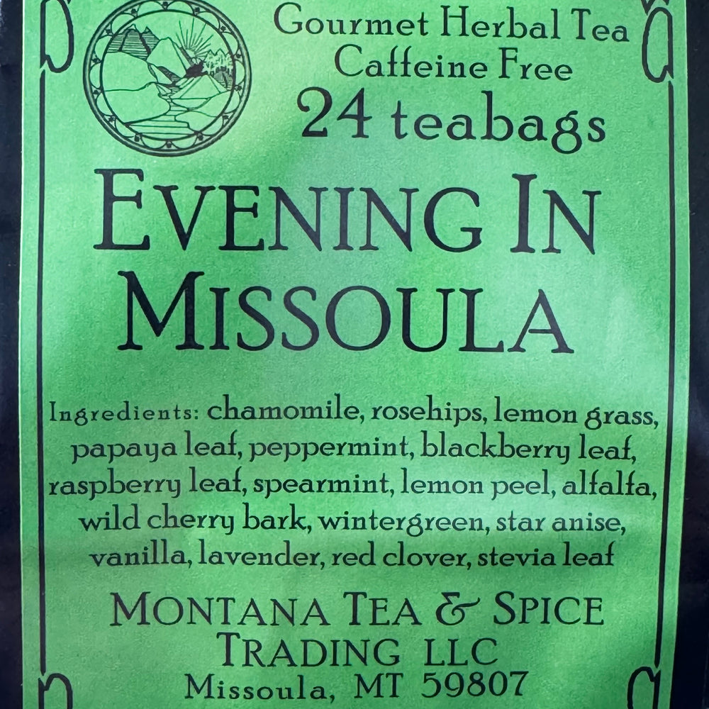 1.7 oz bag of Montana Tea & Spice Trading LLC's Evening in Missoula (24 teabags, caffeine free), ingredients