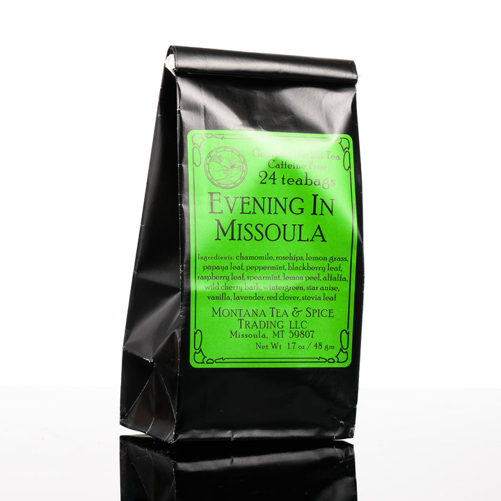 1.7 oz bag of Montana Tea & Spice Trading LLC's Evening in Missoula (24 teabags, caffeine free)—Montana-made tea for gifting and sipping