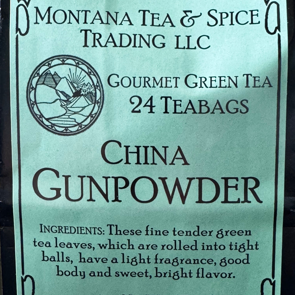 1.7 oz bag of Montana Tea & Spice Trading LLC's China Gunpowder (24 teabags, caffeine free), ingredients—Montana-made tea for gifting and sipping