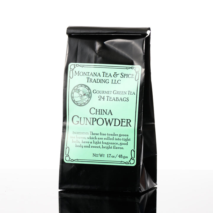 1.7 oz bag of Montana Tea & Spice Trading LLC's China Gunpowder (24 teabags, caffeine free)--Montana made tea for gifting and sipping