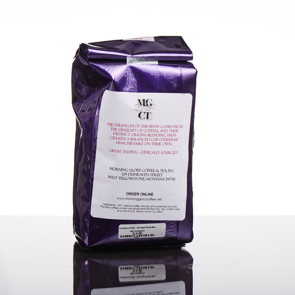 The back of a purple bag of Morning Glory Coffee and Tea's Montana made Huckleberry coffee.