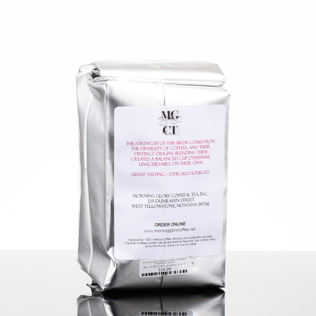 12 oz bag of White Chocolate Huckleberry Coffee by Morning Glory Coffee & Tea, description and ingredients