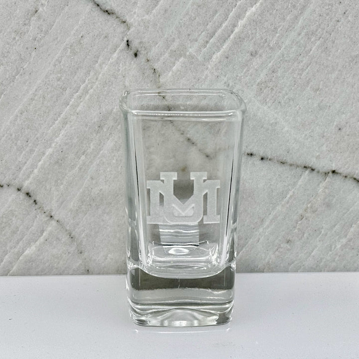 Blue Peaks Creative University of MT etched square shot glass (UM logo)