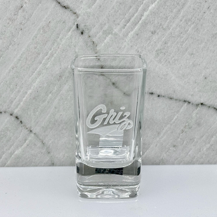 Blue Peaks Creative University of MT etched square shot glass (Griz Script)