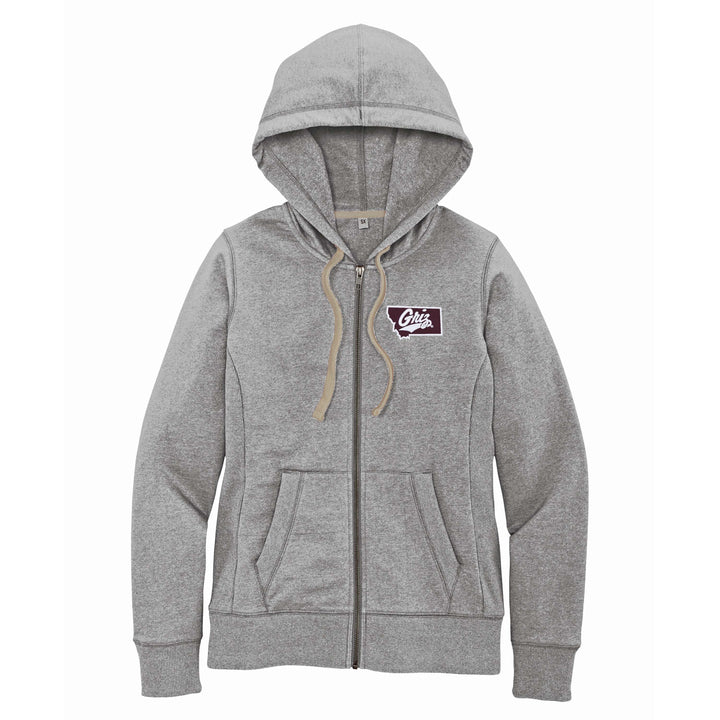 Blue Peaks Creative's Ladies' Full Zip Hooded Sweatshirt embroidered with the Montana Griz Script on the front and printed with the Paisley Paw on back, grey front