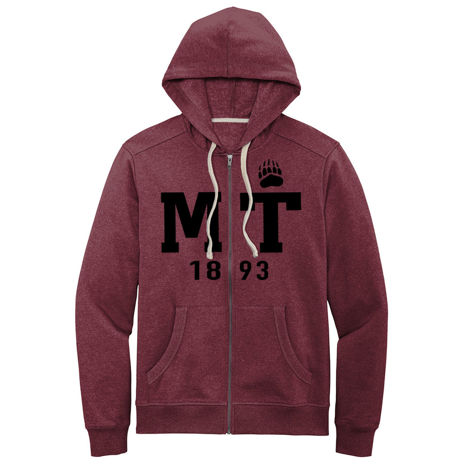 Blue Peak Creative's maroon Full Zip Hoodie with the MT 1893 Griz Paw design in black