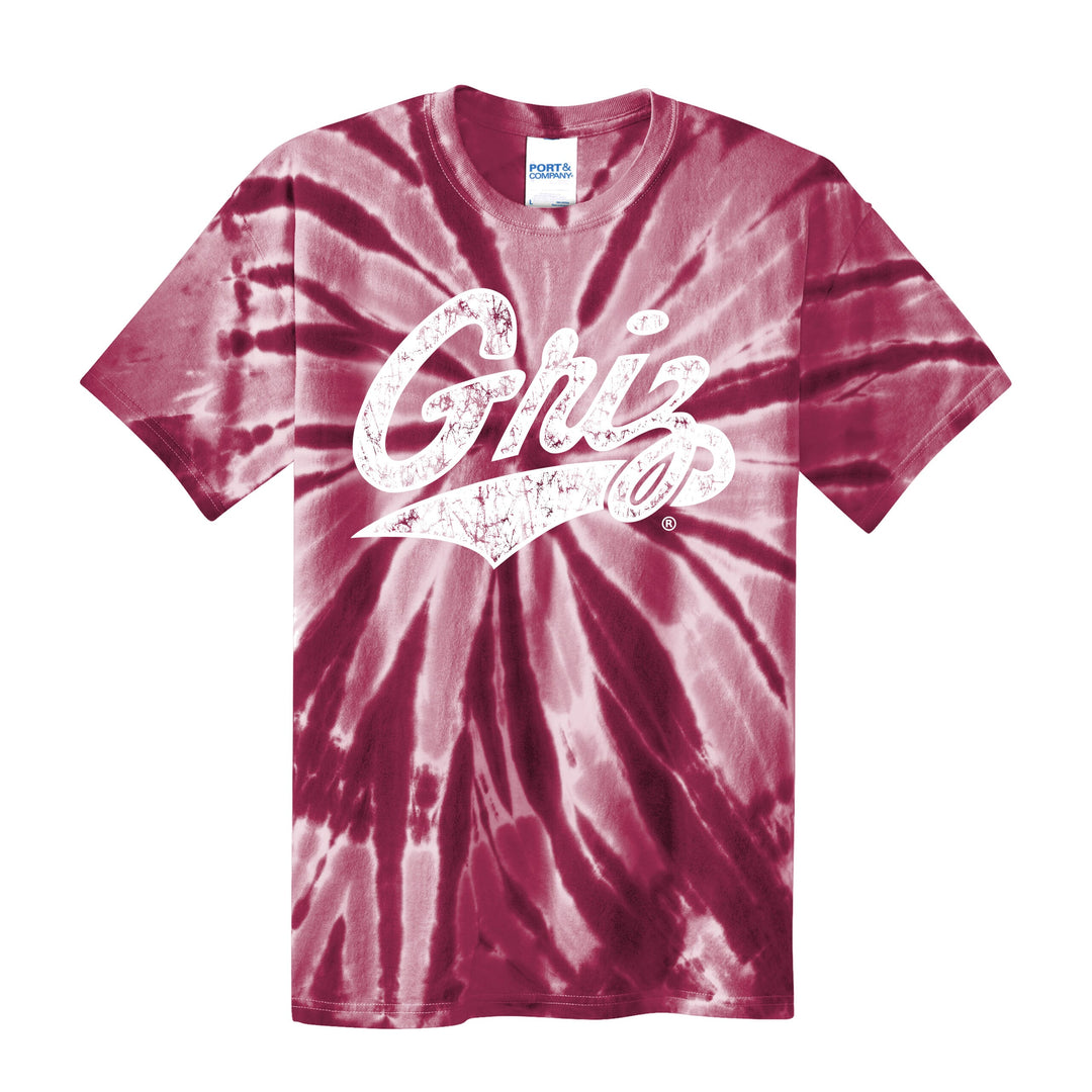 Blue Peak Creative's Distressed Griz Script Youth Tie-Dye Tee, maroon