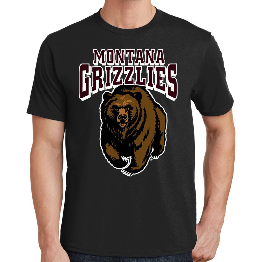 Blue Peak Creative's black Fan Favorite Cotton Tee with the University of Montana Grizzlies Charging Bear design