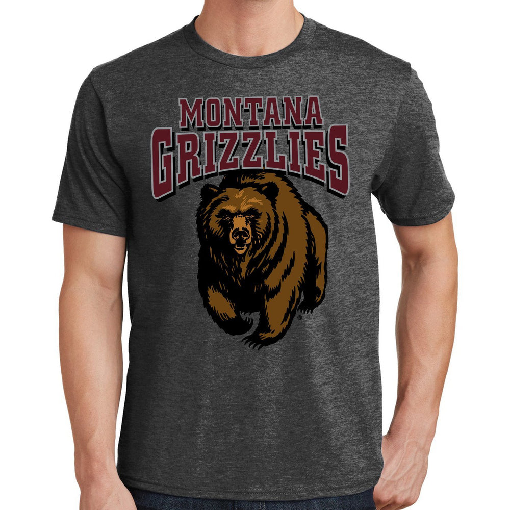 Blue Peak Creative's grey Fan Favorite Cotton Tee with the University of Montana Grizzlies Charging Bear design