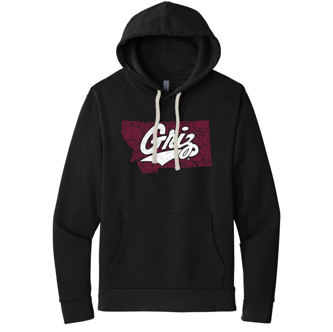 Black Fleece Hooded Sweatshirt with the Distressed Montana Griz Script design, by Blue Peak Creative