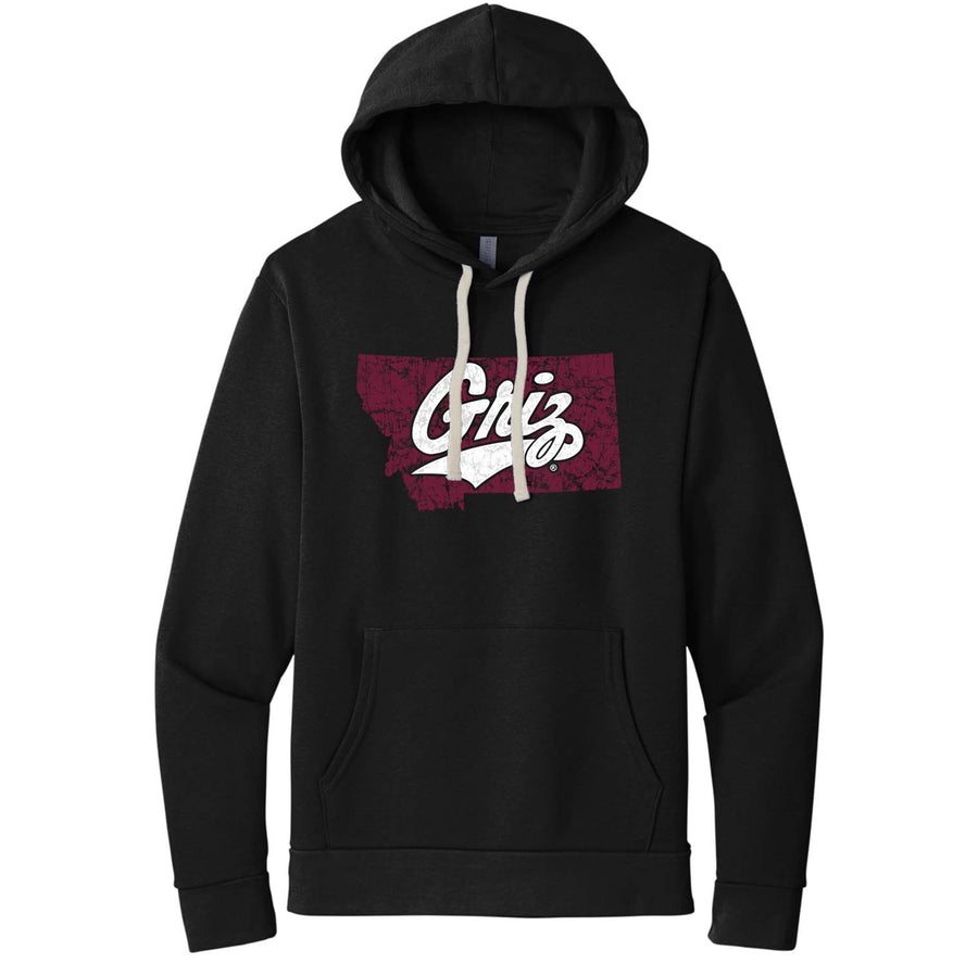 Black Fleece Hooded Sweatshirt with the Distressed Montana Griz Script design, by Blue Peak Creative