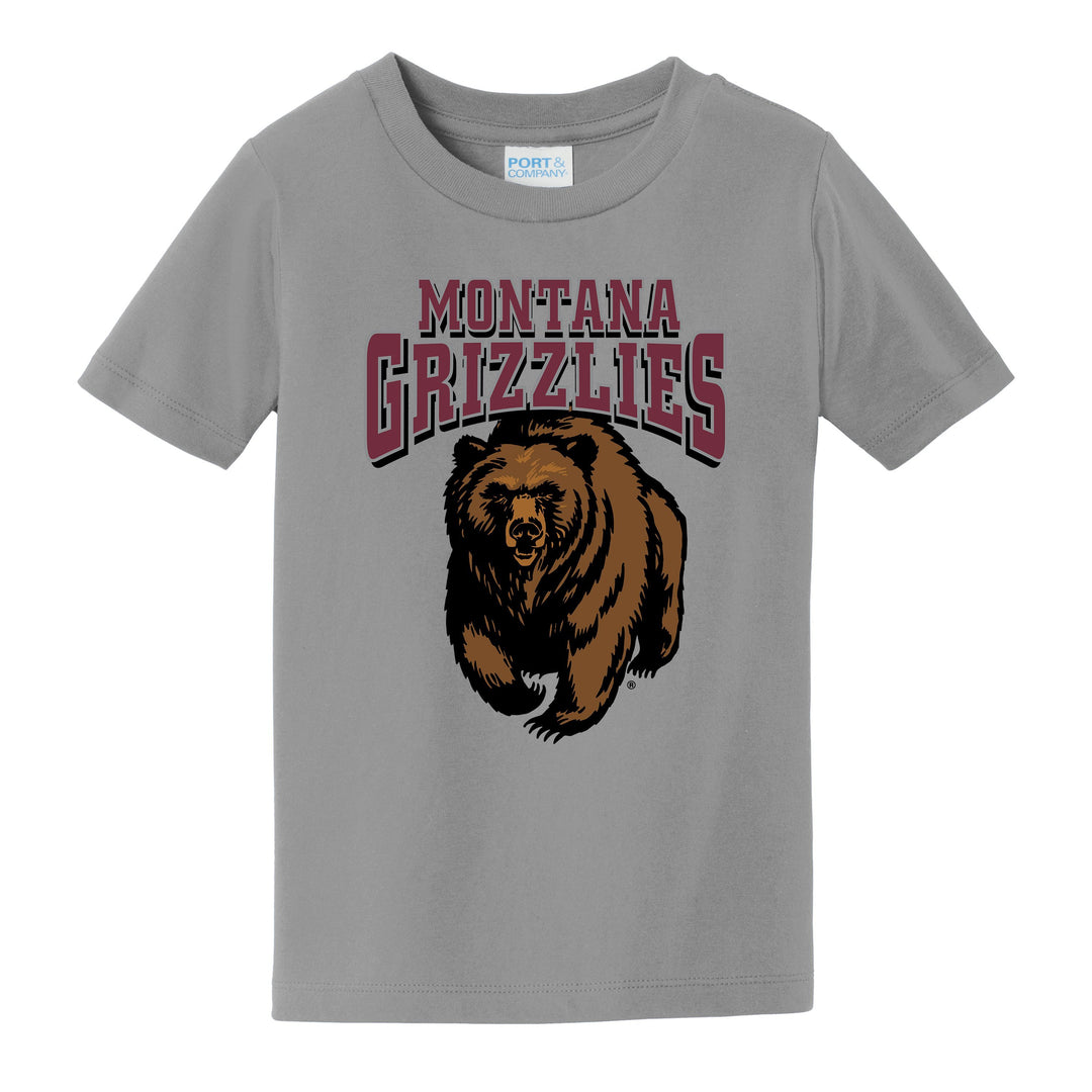 Grey toddler tshirt printed with the university of Montana Grizzlies Charging Bear logo