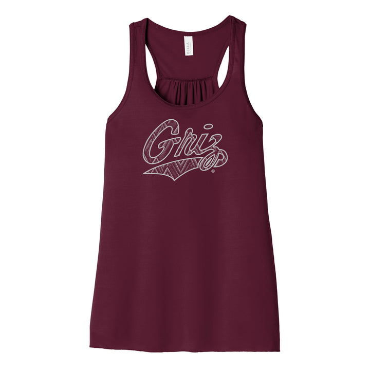 Blue Peaks Creative's maroon Ladies' Racerback Tank with the Shimmer Zig Zag Griz Script in shimmery silver