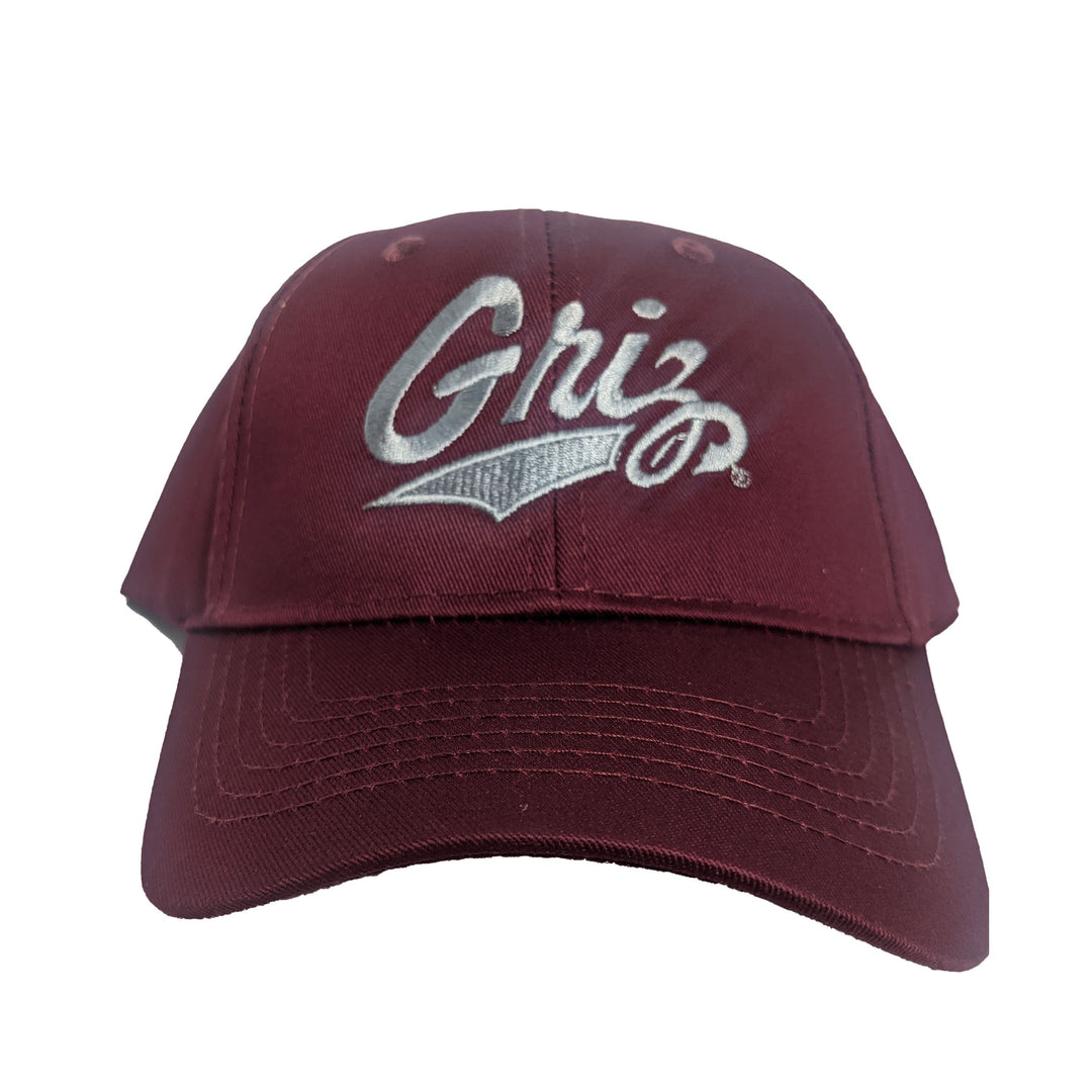 This is a picture of a maroon youth cap, with an embroidered grey University of Montana Griz Script