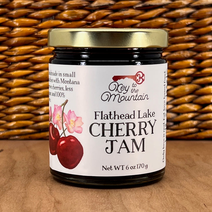 A 6oz jar of Key to the Mountain's handmade Montana flathead Lake Cherry jam.