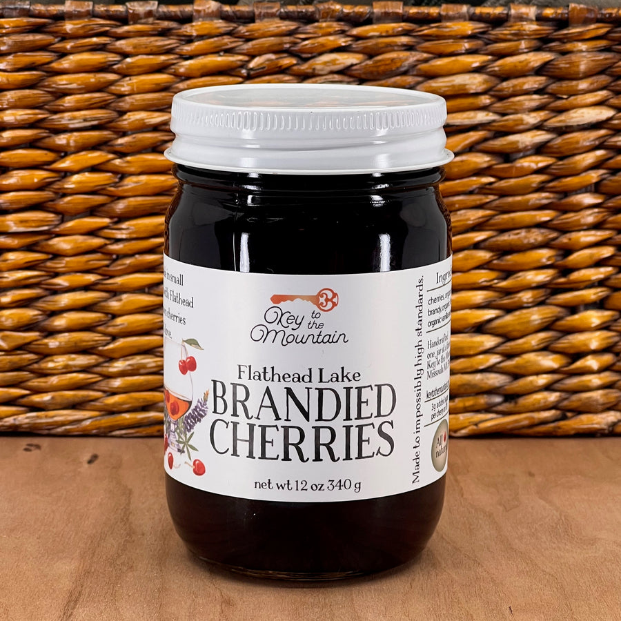 A 12 ounce jar of Key to the Mountain's Montana made Flathead Lake brandied cherries.